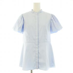 サテンバブルスリーブブラウス シャツ 半袖 バンドカラー 無地 38 M 水色 ライトブルー 1516-215-1562