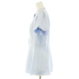 UNITED ARROWS サテンバブルスリーブブラウス シャツ 半袖 バンドカラー 無地 38 M 水色 ライトブルー 1516-215-1562