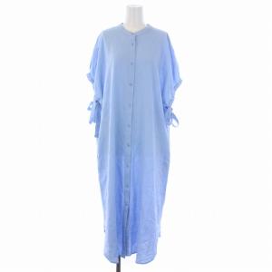 any シャツ ワンピース ロング 半袖 バンドカラー 水色 /BM
