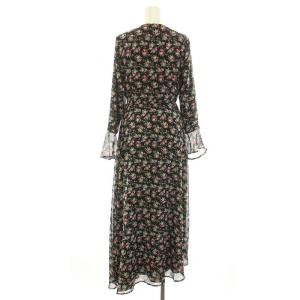 BARNEYS NEW YORK ラップワンピース ロング カシュクール 長袖 花柄 リボン シアー 36 S 黒 ブラック ピンク /YT