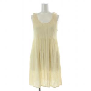 PLEATS PLEASE ISSEY MIYAKE イッセイミヤケ チュニック フレア ギャザー ひざ丈 ノースリーブ Uネック ストレッチ 4 XL アイボリー