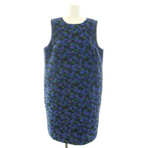 ワンピース ひざ丈 ラウンドネック ノースリーブ 総柄 48 XL 紺 ネイビー 緑 グリーン