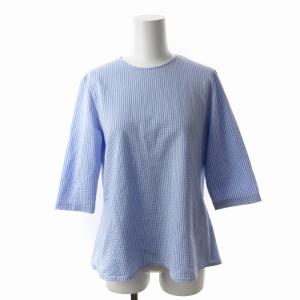 23区 シアサッカーストライプ シャツ ブラウス 五分袖 32 XS 水色 ライトブルー KKWSBM0403