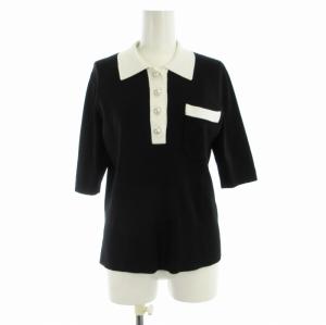 Grace Class バイカラーポロニットトップ ポロシャツ カットソー パールモチーフ 五分袖 36 S 黒 ブラック 白
