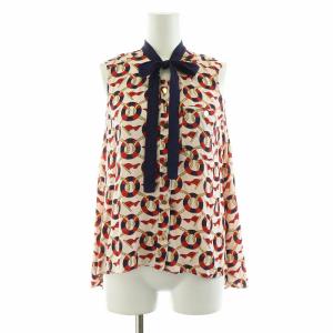 シャツ ブラウス ノースリーブ リボン 総柄 フィッシュテール 36 S 赤 レッド 紺 ネイビー /NQ