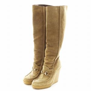 GUCCI ホースビット ロングブーツ ラウンドトゥ ウェッジソール スエード 37 24.0cm ベージュ