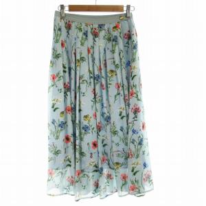 フレアスカート ミモレ ロング 花柄 38 M ライトブルー