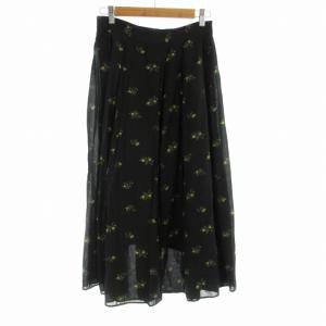UNITED ARROWS フラワー タック フレアスカート B マキシ ロング 花柄 38 M 黒 ブラック 黄 イエロー 1524-215-1497
