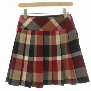 BLUE LABEL CRESTBRIDGE ラップスカート 巻き プリーツ ミニ丈 ウール レザー ベルト チェック柄 36 S 赤 レッド