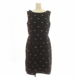 ワンピース フレア ミモレ ロング ノースリーブ くじら柄 刺繍 コットン M 紺 ネイビー 白 ホワイト