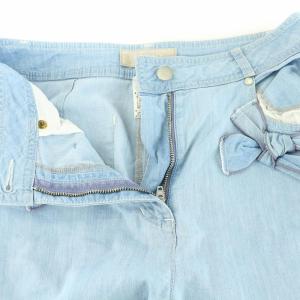 M'S GRACY フレアパンツ デニム ワイド バギー カットオフ リボン 麻 リネン混 38 M 水色 ライトブルー