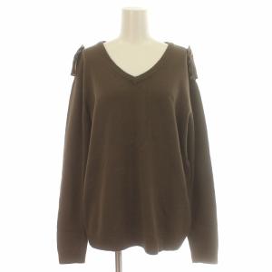 ニット セーター Vネック ロゴ刺繍 エポレット ウール 長袖 L カーキ