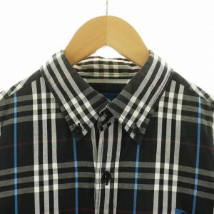 BURBERRY BLUE LABEL ボタンダウンシャツ チェック 長袖 ロゴ刺繍 L 黒 ブラック 白 ホワイト