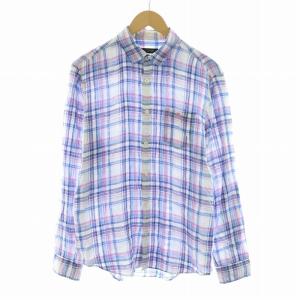 シャツ チェック ロゴ刺繍 麻 リネン ショートポイントカラー 長袖 3 L 青 ブルー ピンク /NQ