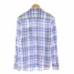 BURBERRY BLACK LABEL シャツ チェック ロゴ刺繍 麻 リネン ショートポイントカラー 長袖 3 L 青 ブルー ピンク /NQ