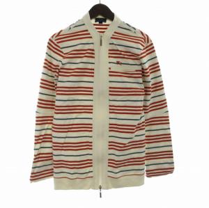 カーディガン ニット ストライプ ロゴ 刺繍 バンドカラー 長袖 L マルチカラー