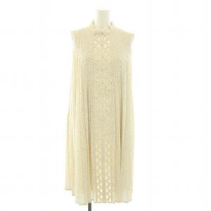 21SS Aラインプリーツワンピース ひざ丈 バンドカラー ノースリーブ プリーツ ドット柄 カットワークレース