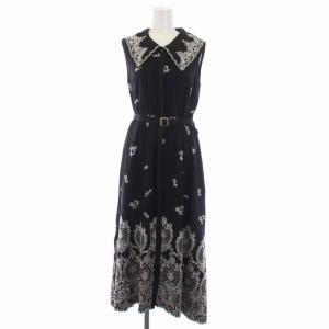 GRACE CONTINENTAL 22AW ビッグカラー刺繍ワンピース ロング ノースリーブ ベルト付き 36 S 黒 ブラック 白 ホワイト 0122331035