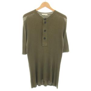 ニット セーター カットソー ヘンリーネック 五分袖 リブ編み カーキ /YT