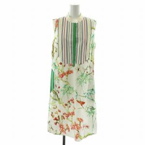 ワンピース ひざ丈 ノースリーブ ハーフボタン ストライプ 花柄 総柄 プリント 刺繍 1 M 白 ホワイト