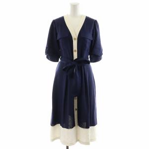 Grace Class 20SS ワンピース ミモレ ロング 5分袖 金ボタン 36 S 紺 ネイビー 白 ホワイト