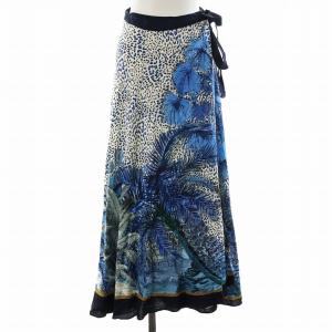 Grace Class 21SS ラップスカート フレアスカート ミモレ ロング アニマル柄 麻 リネン 36 S 青 ブルー