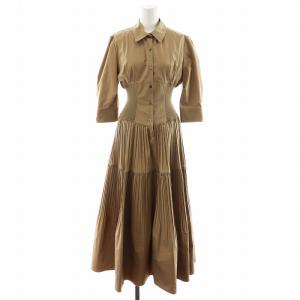 21SS ランダムプリーツシャツワンピース ロング丈 5分袖 コルセット風 コットン 0 S 茶 ブラウン
