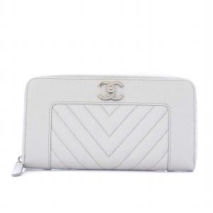 Vステッチ キャビアスキン マドモアゼル 長財布 ココマーク グレー シルバー 27番台