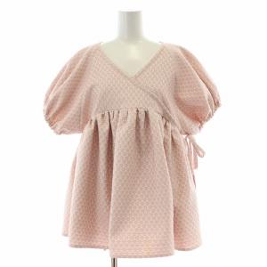 ラメジャガードカシュクールトップス フレアシャツ ブラウス ギャザー 半袖 Vネック 花柄 刺繍 M ピンク
