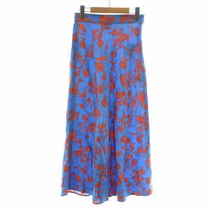 フレアスカート ロング マキシ 花柄 総柄 麻 リネン 36 S 青 ブルー オレンジ 15241625059