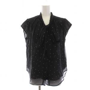 24SS プチラメドット半袖ブラウス シャツ リボン ボウタイ 1 S 黒 ブラック /YM