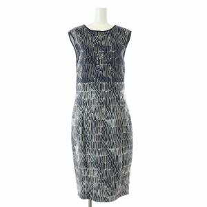 タイトワンピース ひざ丈 ノースリーブ クルーネック ストレッチ 切替 総柄 40 M 紺 ネイビー 黒