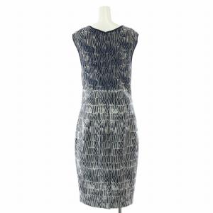 Max Mara タイトワンピース ひざ丈 ノースリーブ クルーネック ストレッチ 切替 総柄 40 M 紺 ネイビー 黒