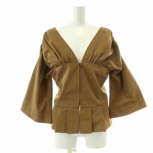 ブラウス 七分袖 Vネック ジップアップ タック ギャザー 38 M 茶 ブラウン /NW27