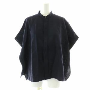 24SS フレンチリネンスタンドカラーシャツ ブラウス ノーカラー バンドカラー 半袖 フレンチスリーブ 麻 F 紺 ネイビー