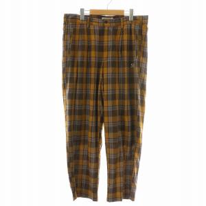 プレイドスラックス Plaid Slacks パンツ ジップフライ タック チェック ロゴ刺繍 XL 茶