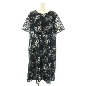 オリジナル ORIGINAL ワンピース ひざ丈 半袖 ギンガムチェック 花柄 大きいサイズ 17+ 4L 紺 ネイビー