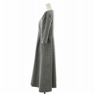 CELFORD 22AW トリプルクロスワンピース ロング ミモレ フレア 七分袖 タック 千鳥格子 スクエアネック 38 M 黒 ブラック