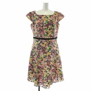 TOCCA ワンピース ひざ丈 フレア 半袖 スクエアネック レース 花柄 総柄 4 L ピンク 紺 ネイビーマルチカラー