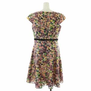 TOCCA ワンピース ひざ丈 フレア 半袖 スクエアネック レース 花柄 総柄 4 L ピンク 紺 ネイビーマルチカラー