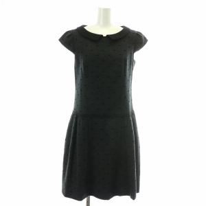 ワンピース ひざ丈 フレア 半袖 襟 リボン 総柄 ギャザー カシミヤ混 0 S グレー 黒 ブラック