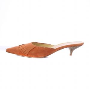 miumiu ミュール サンダル ミドルヒール フリンジ スエード 37 24cm オレンジ