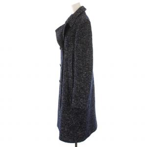 LACOSTE ツイードダブルコート ロング コットン モヘヤ リネン混 アウター 38 M 紺 ネイビー 白