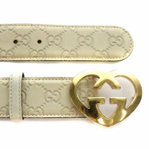 GUCCI グッチシマ ハートGG ベルト ハトメ レザー エンボス ワイド 80･32 アイボリー ゴールド色
