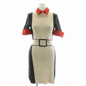 タイトワンピース ひざ丈 半袖 ニット レギュラーカラー クルーネック 騙し絵 だまし絵 ウール F ベージュ 赤 レッド