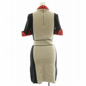 alice + olivia タイトワンピース ひざ丈 半袖 ニット レギュラーカラー クルーネック 騙し絵 だまし絵 ウール F ベージュ 赤 レッド