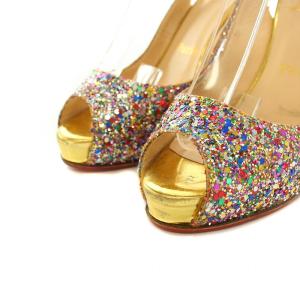 Christian Louboutin パンプス オープントゥ ハイヒール アンクルストラップ グリッター レザー 36.5 23.5cm ピンク ゴールド