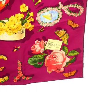 GUCCI フローラプリントシルクスカーフ Flora print silk scarf 花柄 ロゴプリント 紫 パープル