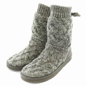 UGG australia イスラ ショートブーツ ニット スエード 切替 編み込み リボン US7 24cm グレー