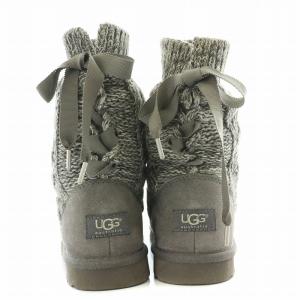 UGG australia イスラ ショートブーツ ニット スエード 切替 編み込み リボン US7 24cm グレー